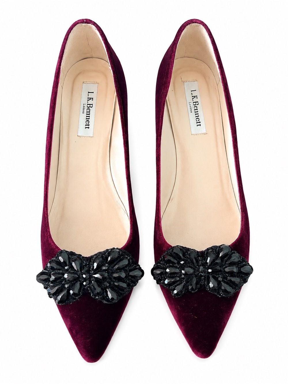 L.K. Bennett Burgundy Velvet Embellished Pointed-Toe Kitten Heels | EU 37.5